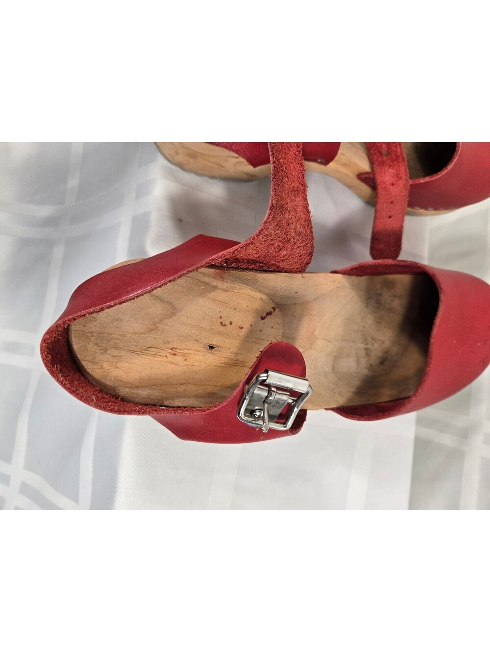 Lotta from Stockholm Red Leather Swedish Wooden Clogs Boho - Picture 9 of 11